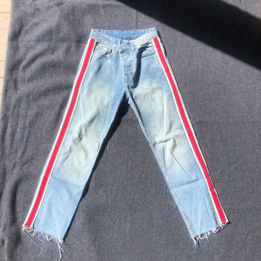Zara Straight Leg Jean with Red Stripe